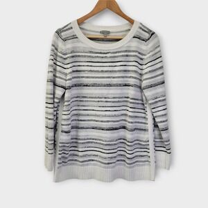 T by Talbots Mixed Yarn Striped Sweater Size Large White Black Gray
